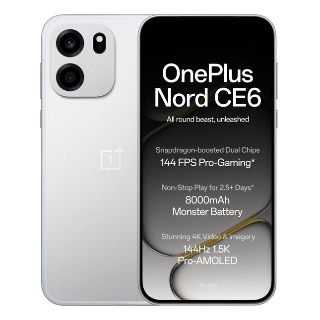 OnePlus Nord CE6 | 8GB+128GB | Lunar Pearl | Snapdragon 7s Gen 4 | Segment's Fastest Touch Response | 8000mAh Battery | 144Hz 1.5K AMOLED Display | 50MP Main + 32MP Selfie 4K Cameras | IP66,68,69,69K