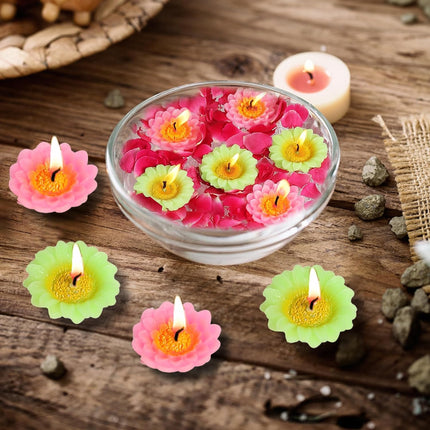6 Pieces Wax Floating Candles Pack of 1(6 pc Each), Colorful Accents Floral Designed Floating Candles for Diwali Home Restaurant Decor
