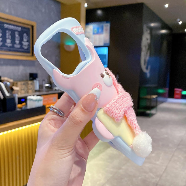 Pink 3D Cute Bear with Scarf Phone Case | Soft Silicone Protective Cover, Shockproof & Flexible, Kawaii Design for Girls & Women (iPhone 13)